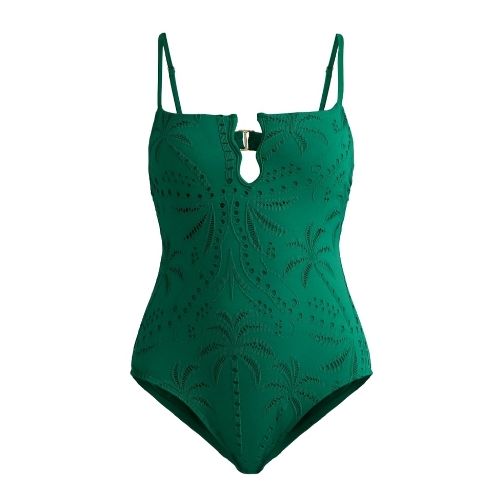 Time And Tru Green One-Piece Swim Suit with Laser-Cut Detail